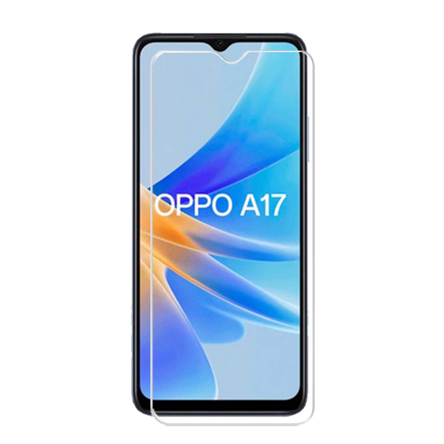 Een schermbeschermer met de tekst 'OPPO A17' op een witte achtergrond.