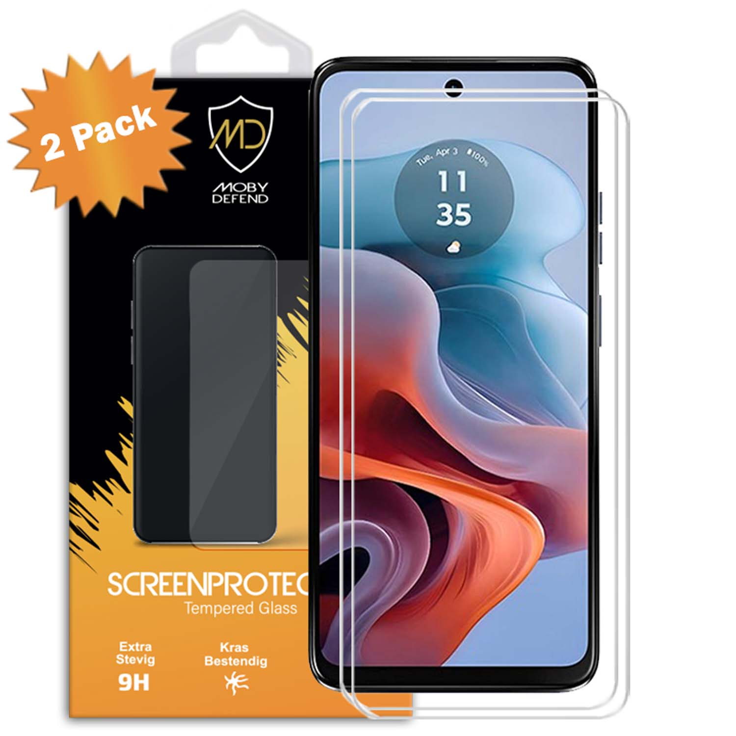 Twee schermbeschermers in verpakking. Telefoon zichtbaar. Tekst op de verpakking: Screenprotector.