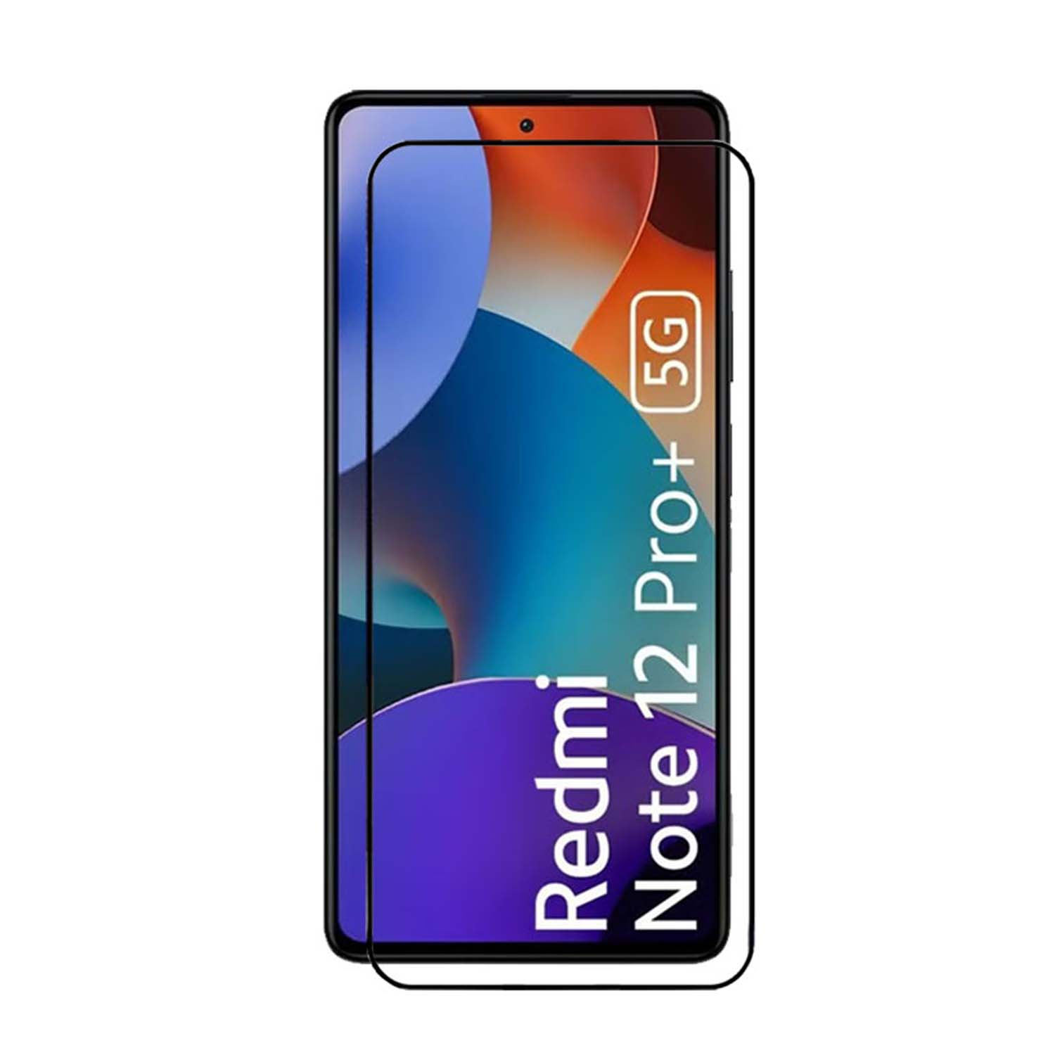 Un téléphone avec protecteur d'écran. Texte : 'Redmi Note 12 Pro+ 5G'.