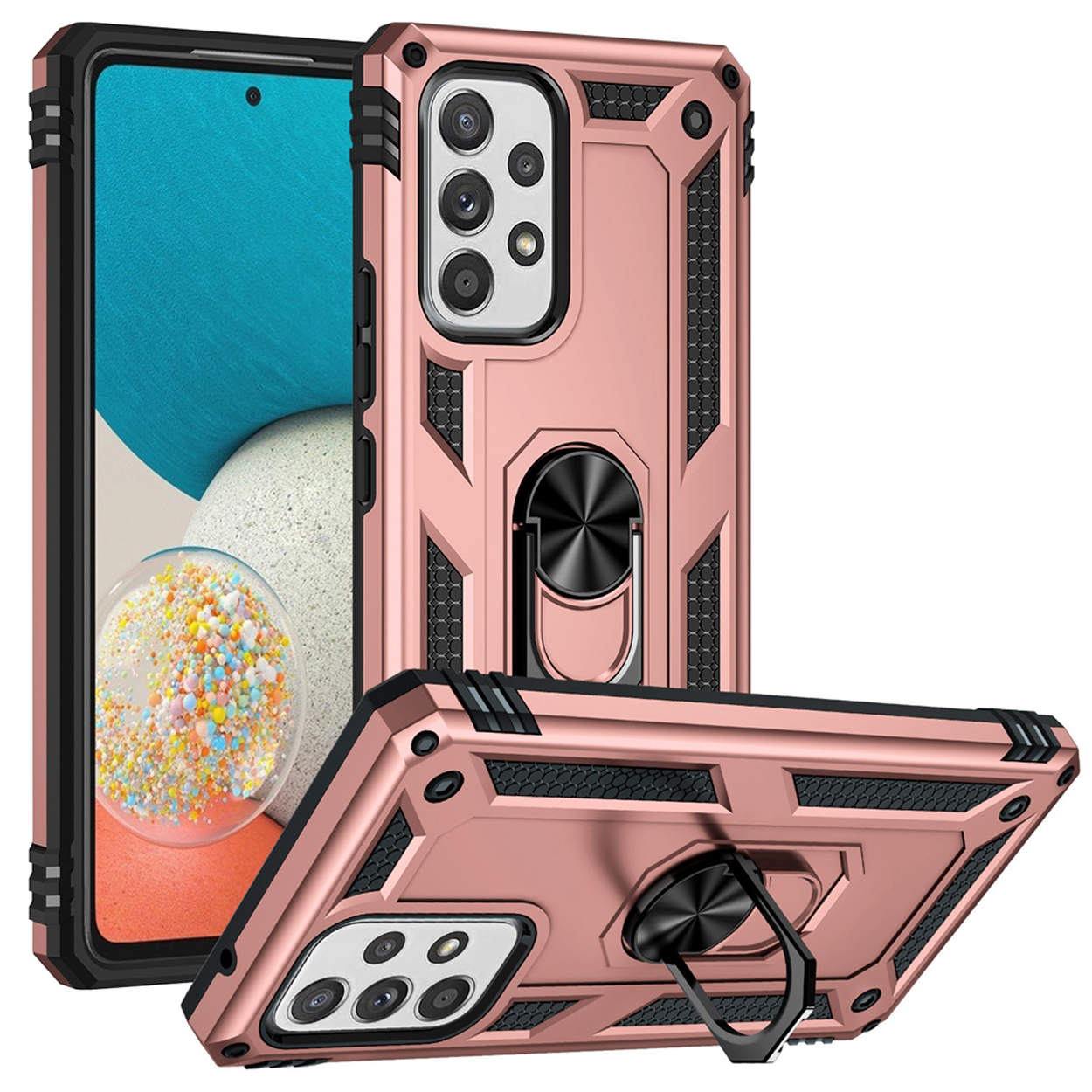 Roségouden telefoonhoesjes op witte achtergrond. Eén hoesje is open en toont de telefoon.