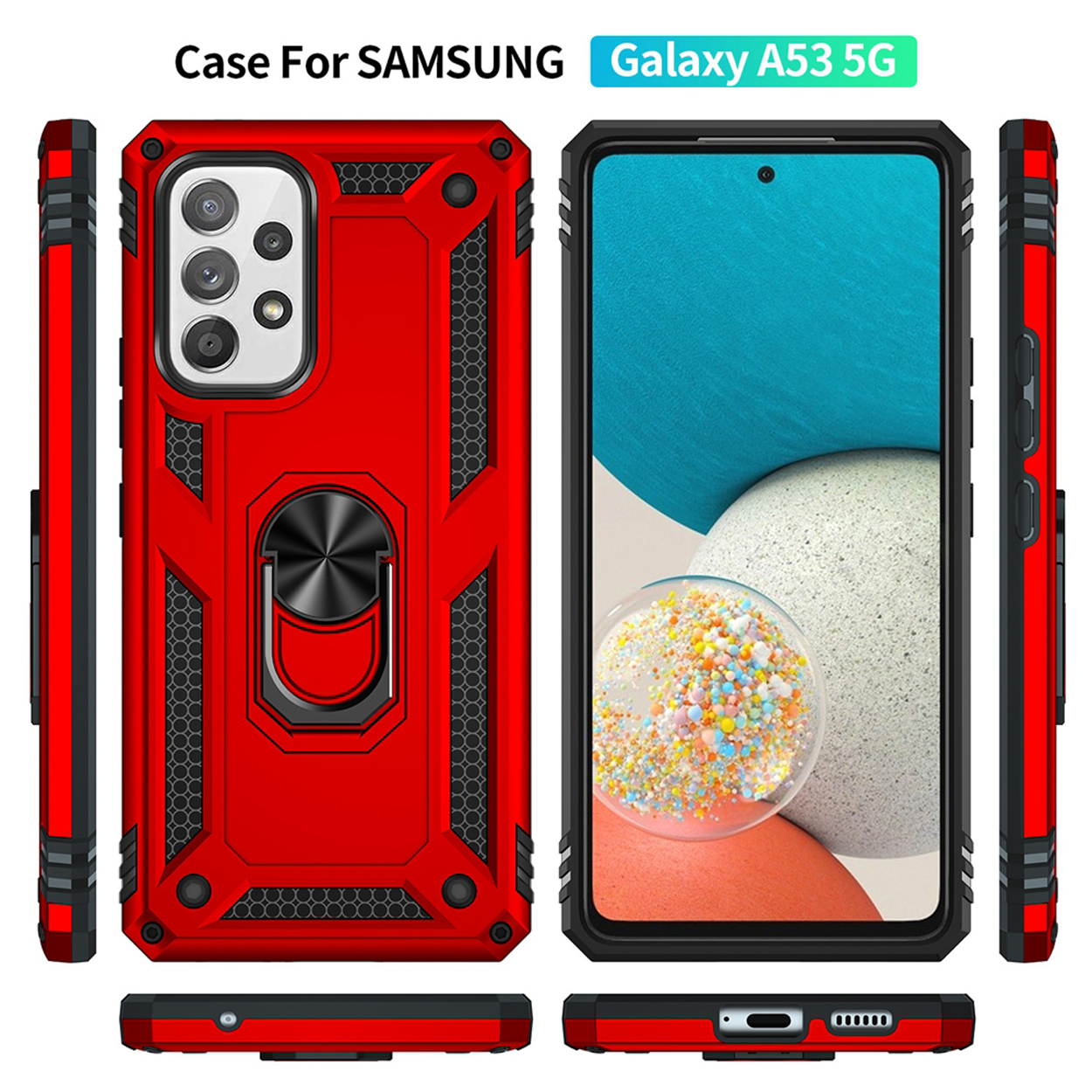 Rode telefoonhoes voor Samsung Galaxy A53 5G. Achteraanzicht en zijaanzichten.