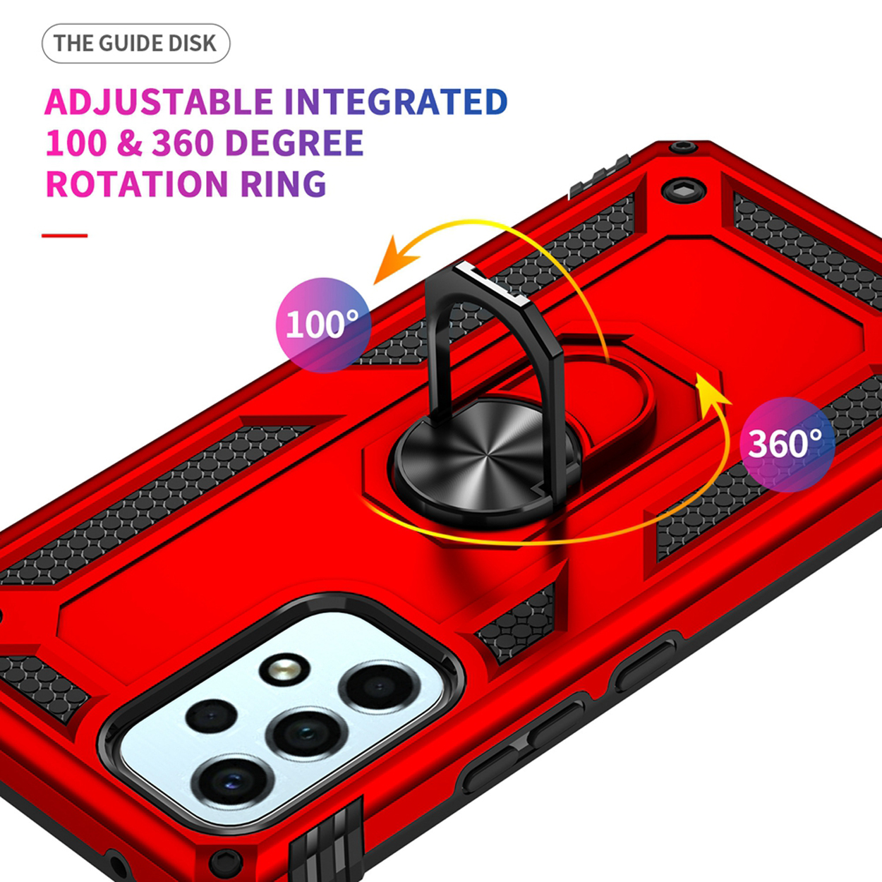 Rode telefoonhoes met een verstelbare ringhouder. Tekst: Verstelbare 100 & 360 graden draairing.