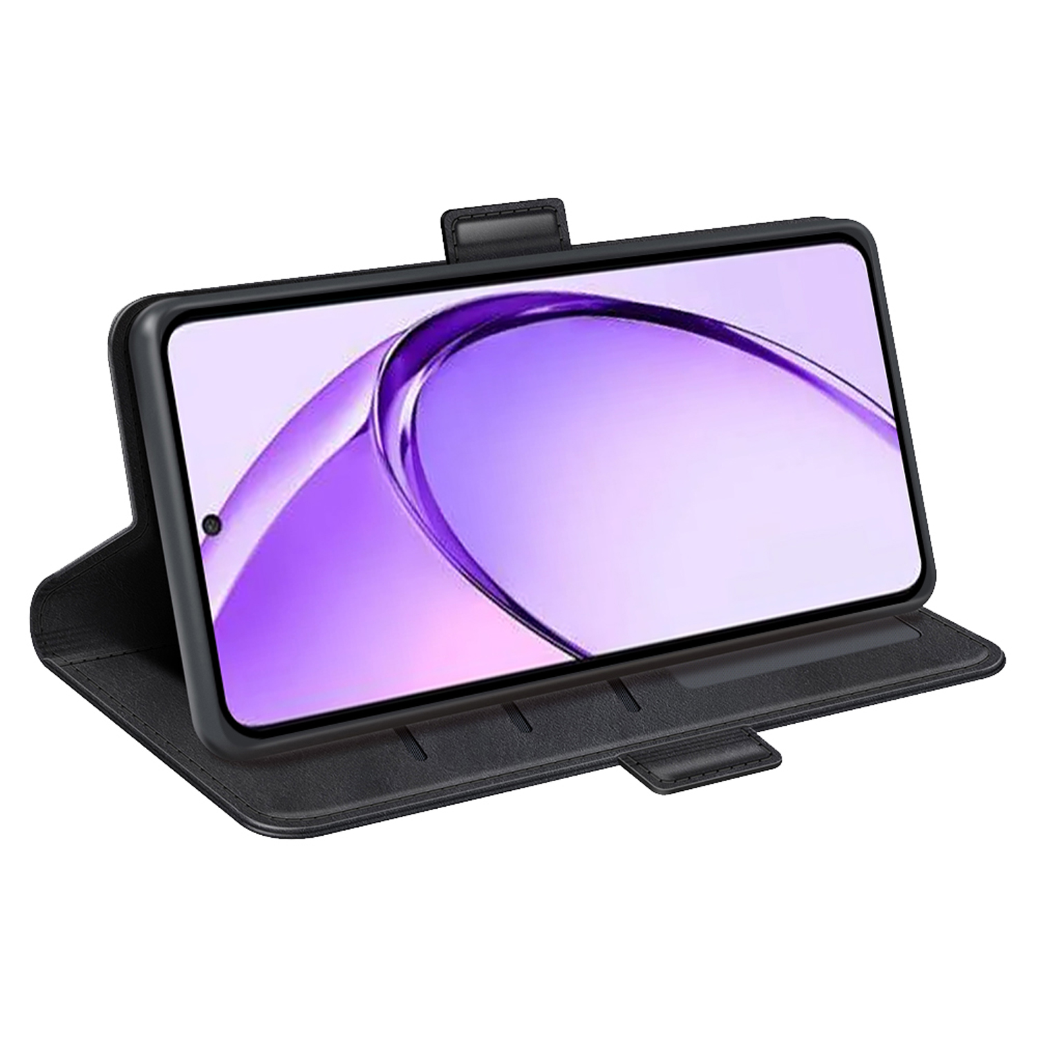 Zwarte telefoonhoes met telefoon. De telefoon is open met scherm en een zwart frame.