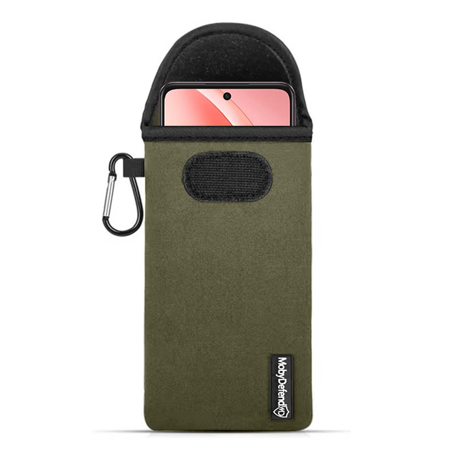 Groene telefoonhoes met telefoon. Heeft een zwarte bovenkant en een karabijnhaak.