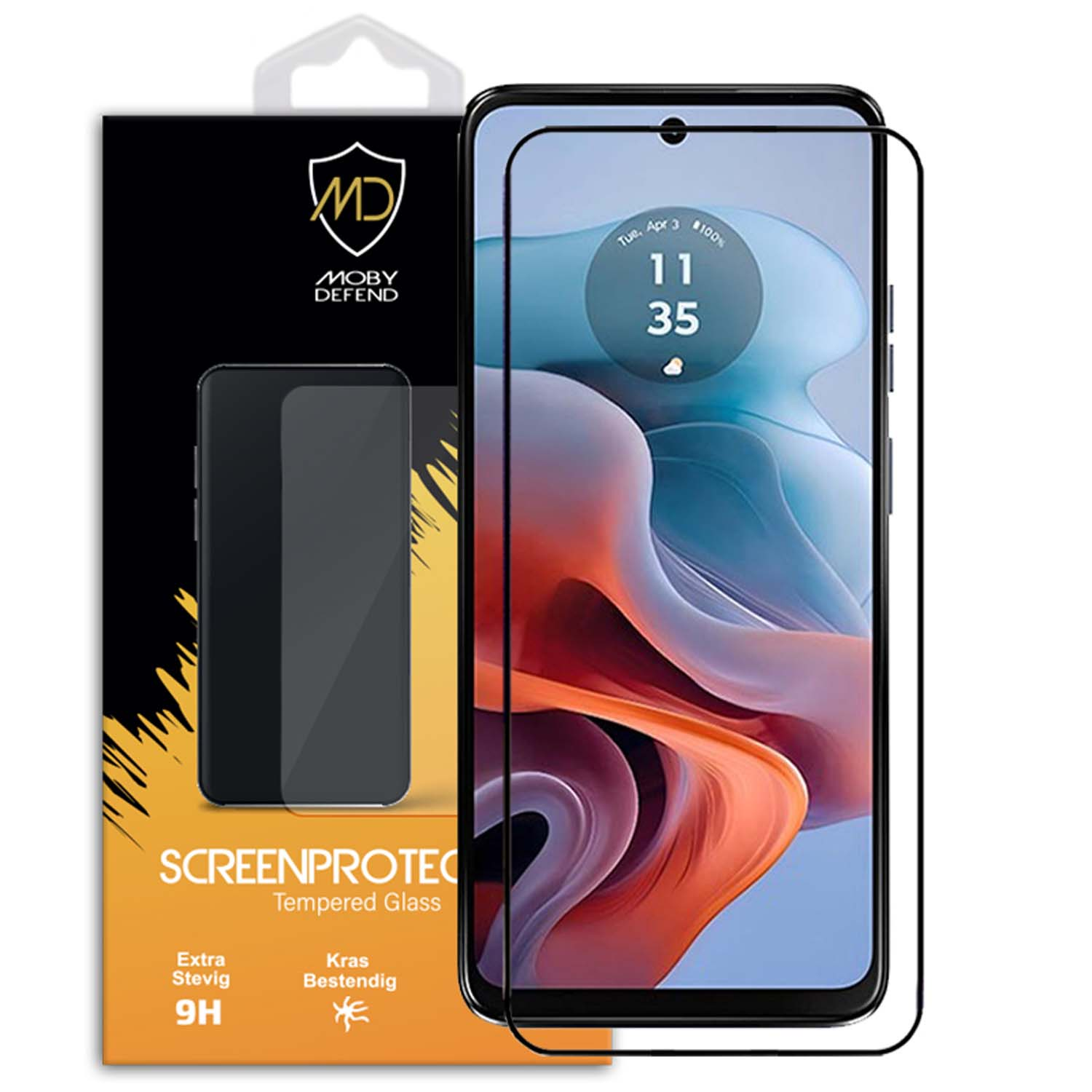 Een schermbeschermer en de verpakking. De beschermer zit op een telefoon en toont de tijd.