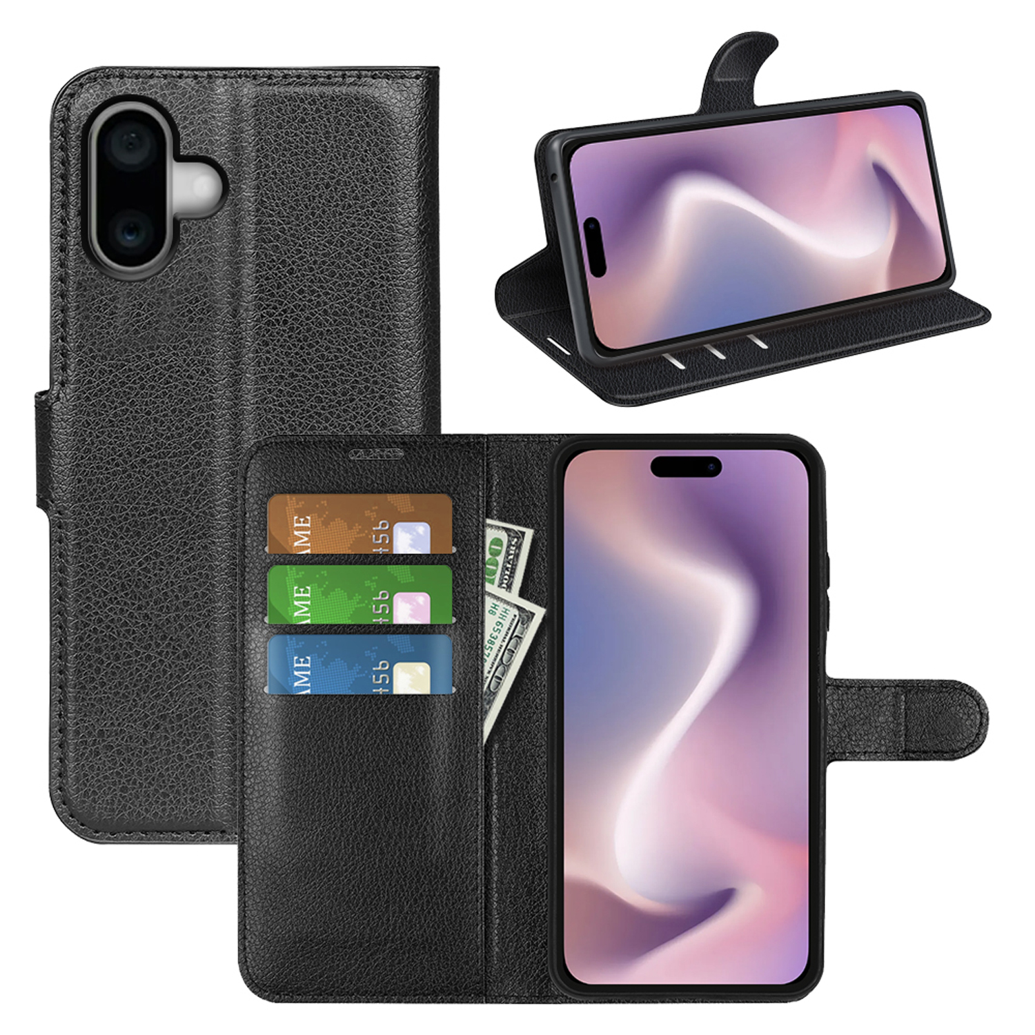 Zwarte telefoonportemonneehoes, open en dicht. Toont kaarten, geld en een telefoon.