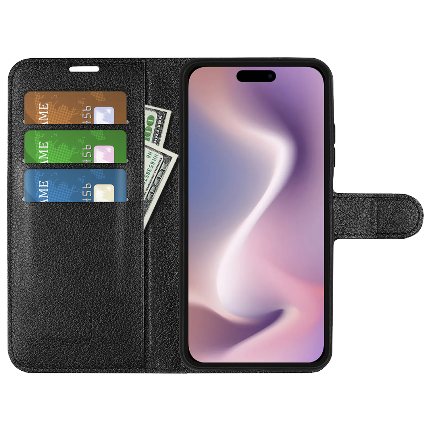 Zwarte leren telefoonhoes met kaarten en geld erin. Het scherm van de telefoon is zichtbaar.