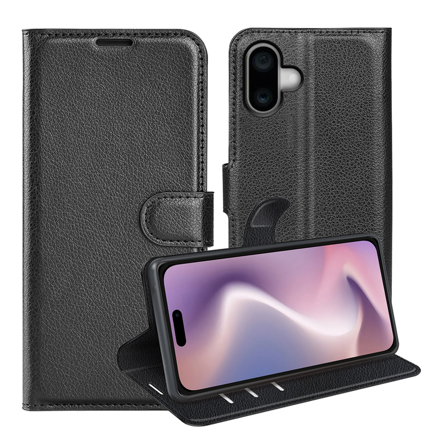 Zwarte leren telefoonhoes, open en toont de telefoon. Binnenin kaartsleuven.