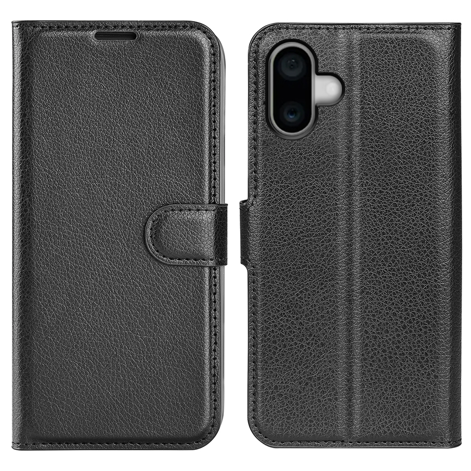 Zwarte leren telefoonhoes met een knoopsluiting, open en gesloten getoond.