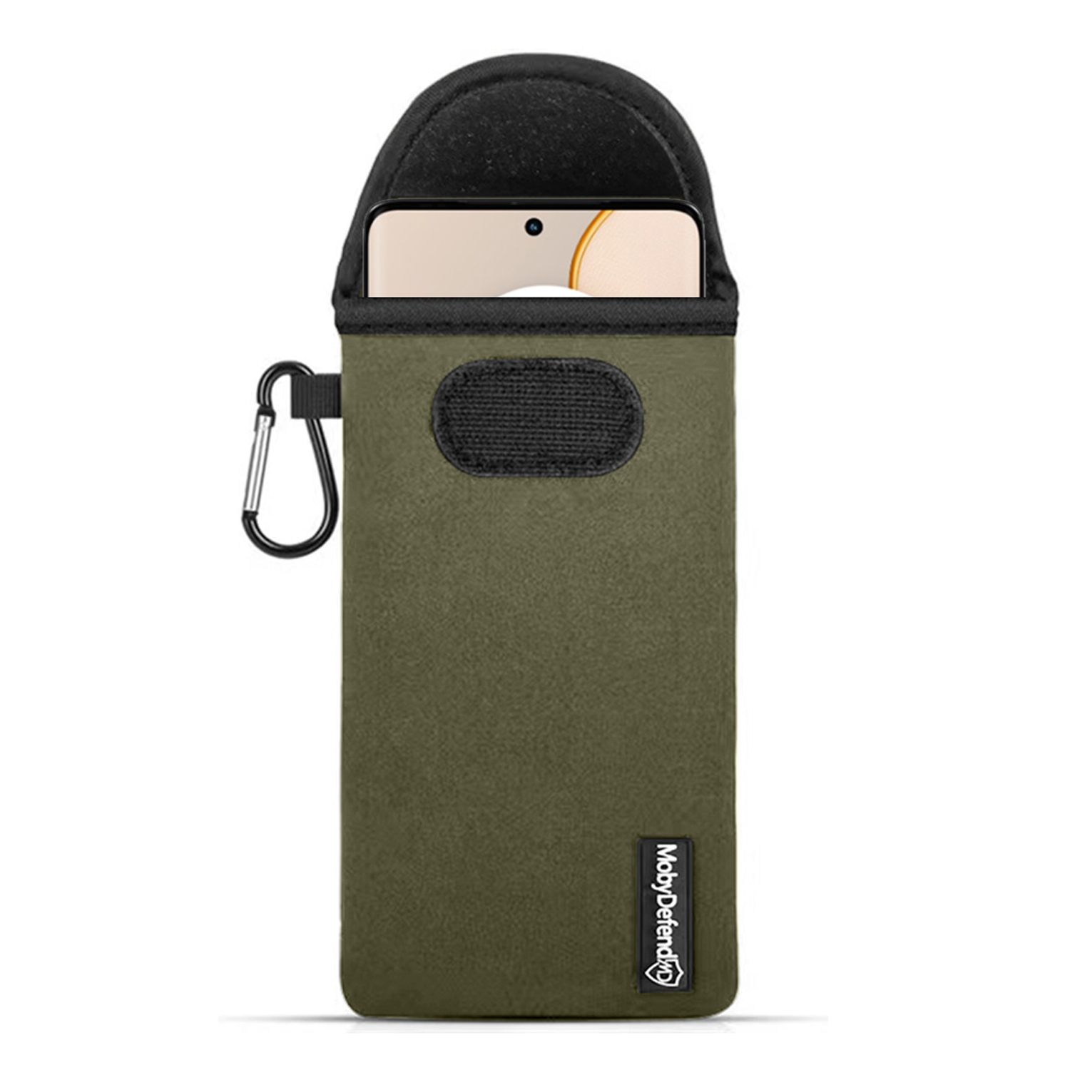 Groene telefoonhoes met telefoon. Heeft een zwarte bovenkant en een karabijnhaak.