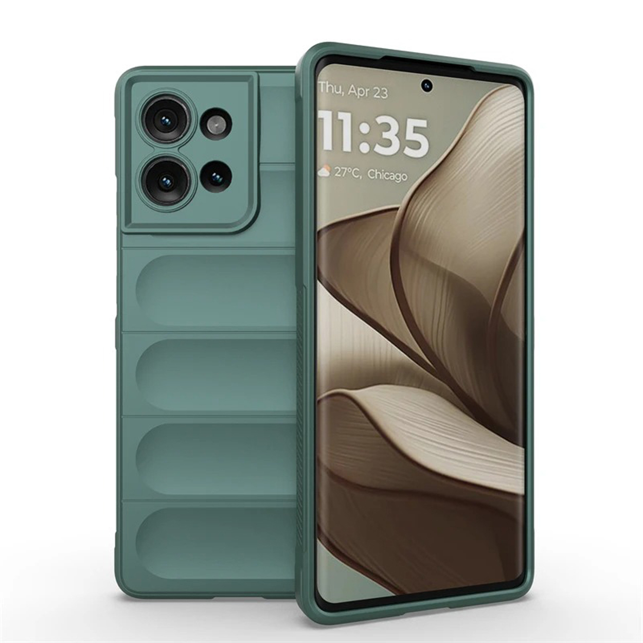 Mintgroene telefoonhoes met verticale strepen en de tijd. Telefoon zichtbaar.