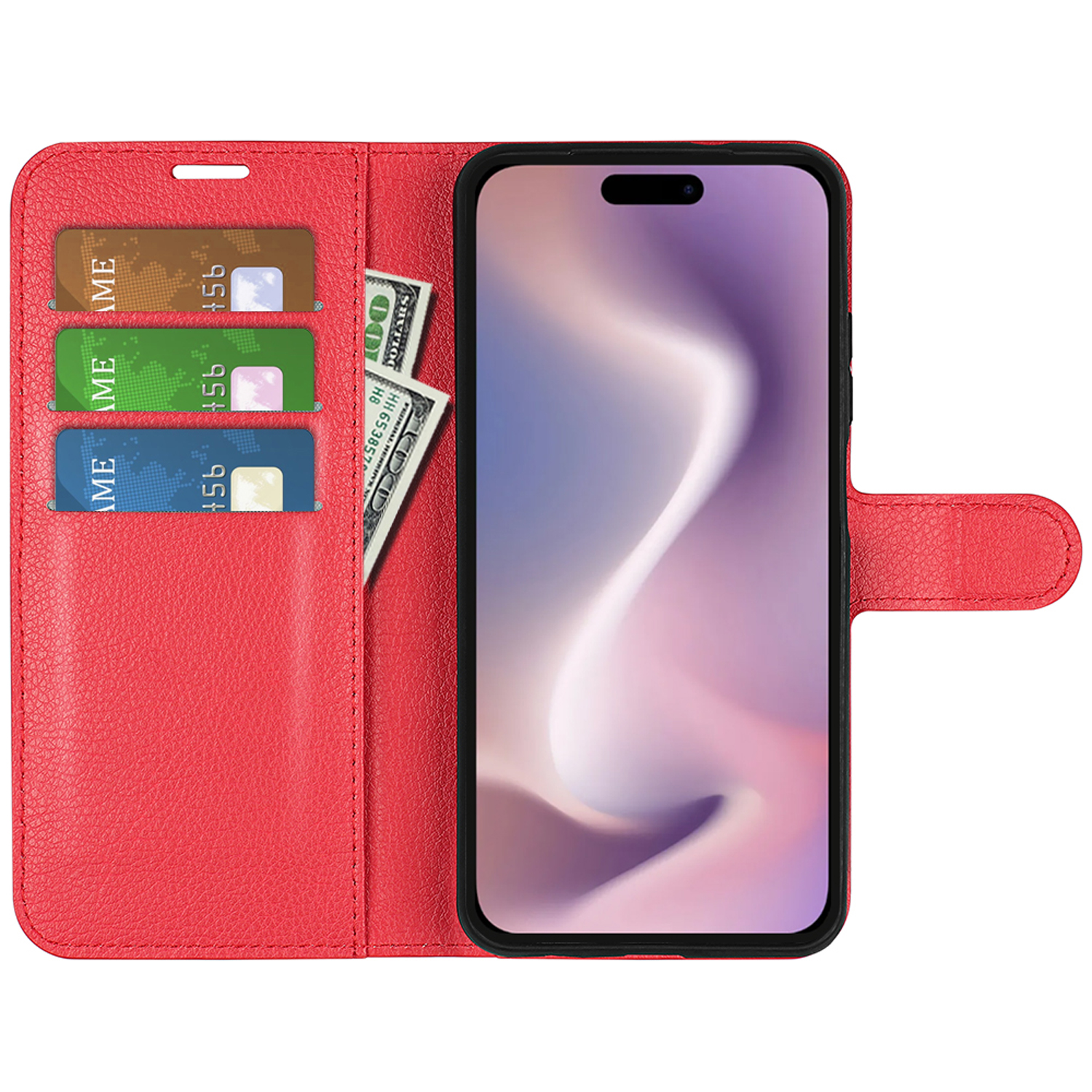 Rode portemonnee-telefoonhoes open, met kaarten, contant geld en een telefoon met roze scherm.