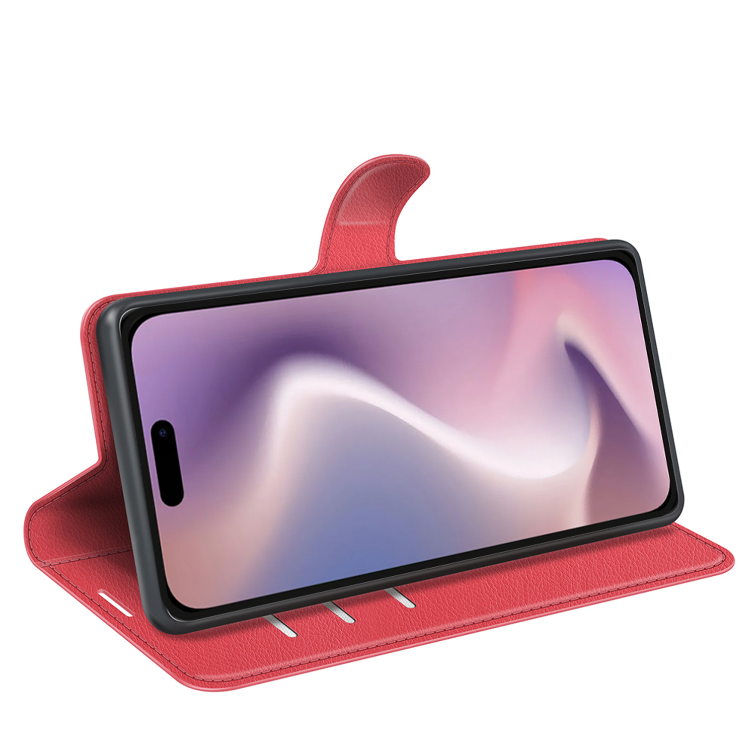 Rode telefoonhoes, open met telefoon erin. De telefoon heeft een roze en witte achtergrond.