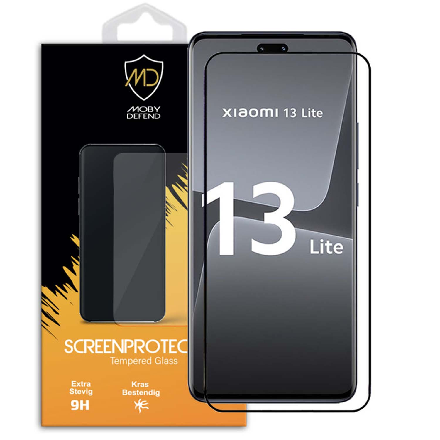 Protecteur d'écran pour téléphone Xiaomi 13 Lite. Le téléphone est à droite et dans une boîte.
