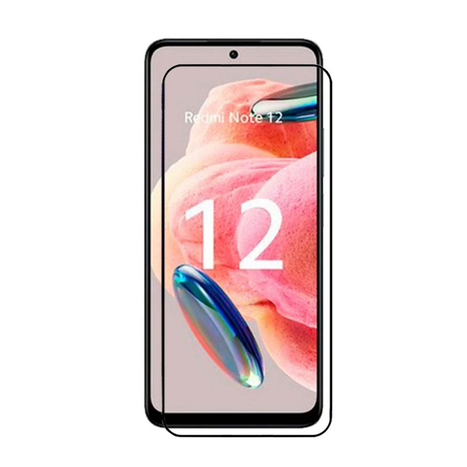 Protecteur d'écran sur un téléphone Redmi Note 12 avec un fond coloré.