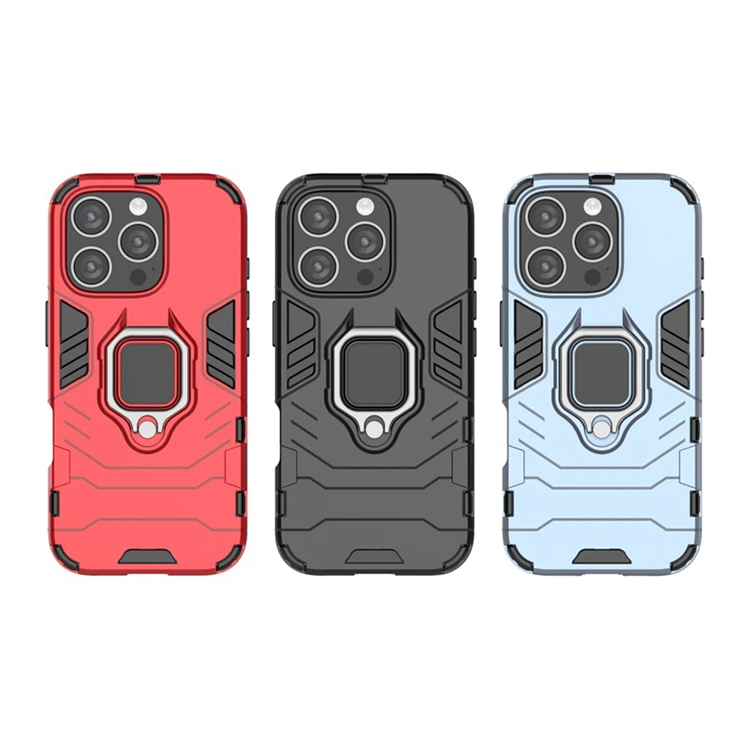 Drie telefoonhoesjes. Rood, grijs en blauw. Elk heeft een ring.