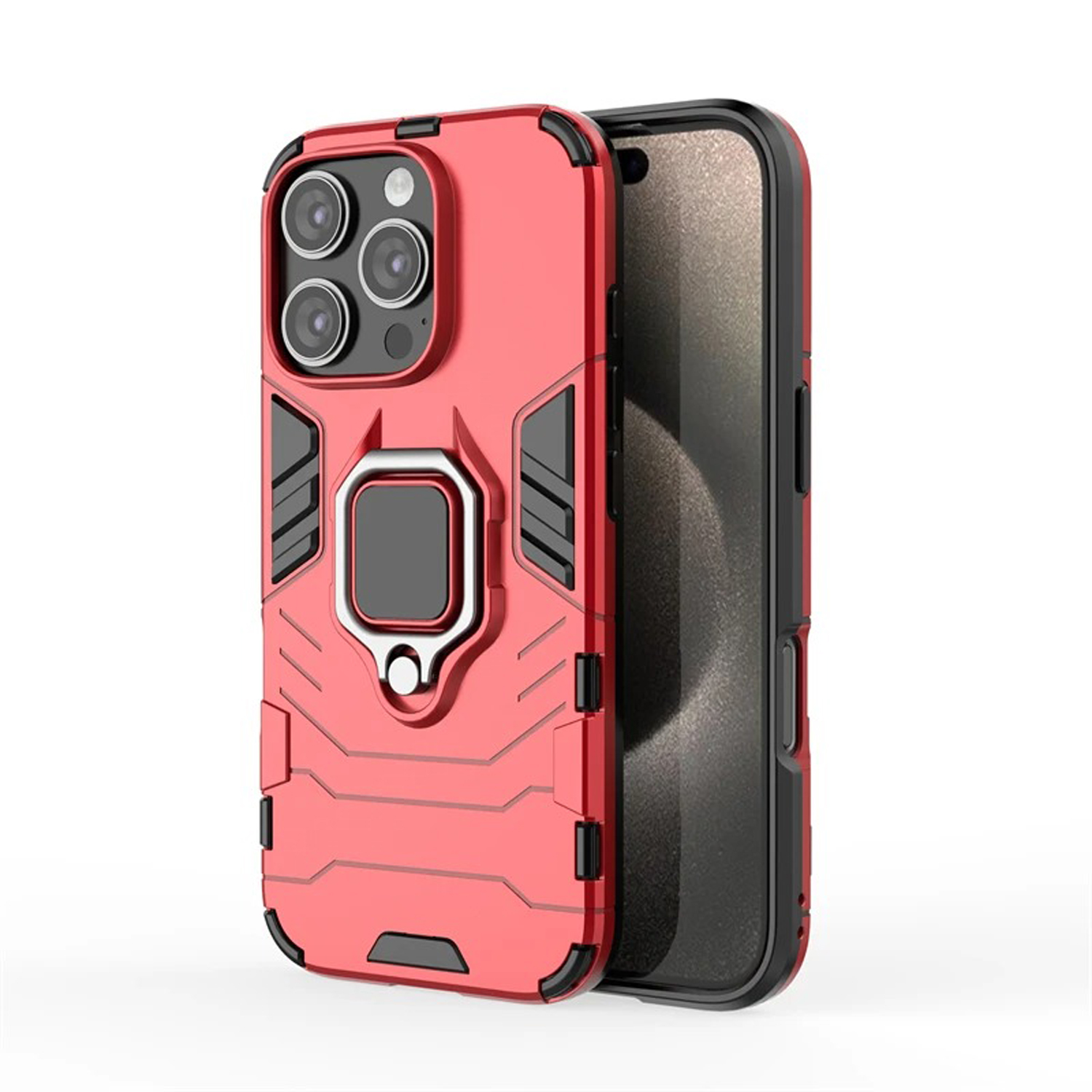 Rode telefoonhoes met zwarte accenten en een ringhouder, naast een telefoon.