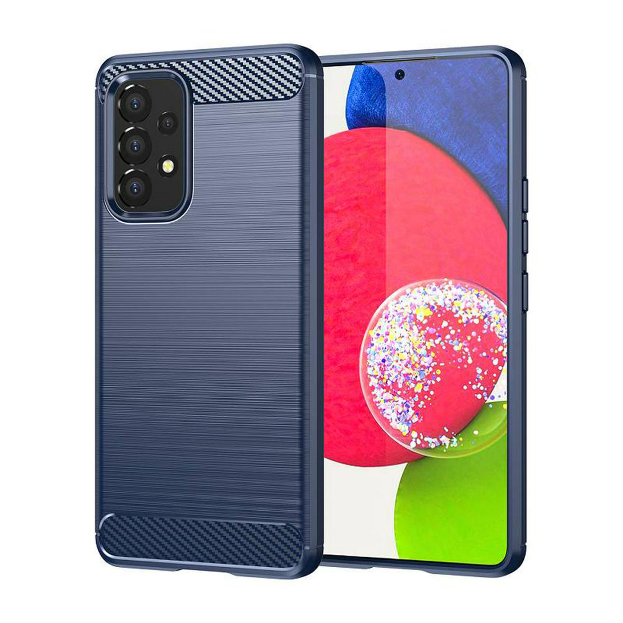 Donkerblauwe telefoonhoes met een getextureerde achterkant en een telefoon met een rood en blauw scherm.