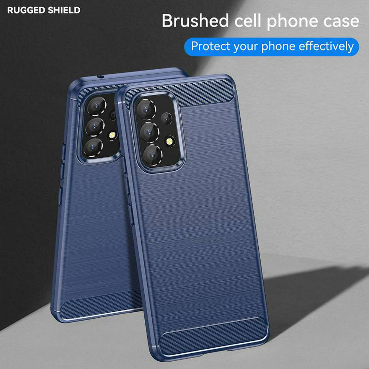 Twee blauwe telefoonhoesjes met een geborstelde textuur, tekst bovenaan met een slogan.