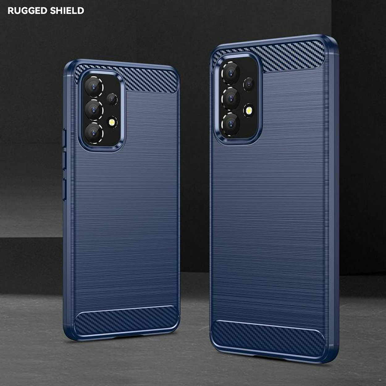 Twee blauwe telefoonhoesjes naast elkaar. Gestructureerd ontwerp. Koolstofvezelpatroon. Rugged Shield label.
