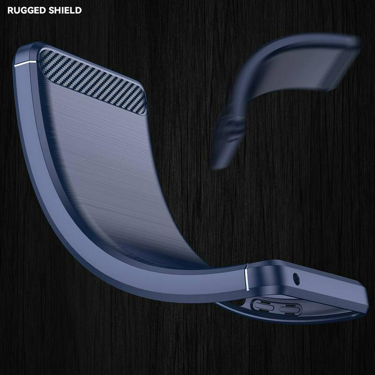 Blauwe telefoonhoes met robuust ontwerp, gebogen vorm en carbonvezel detail.