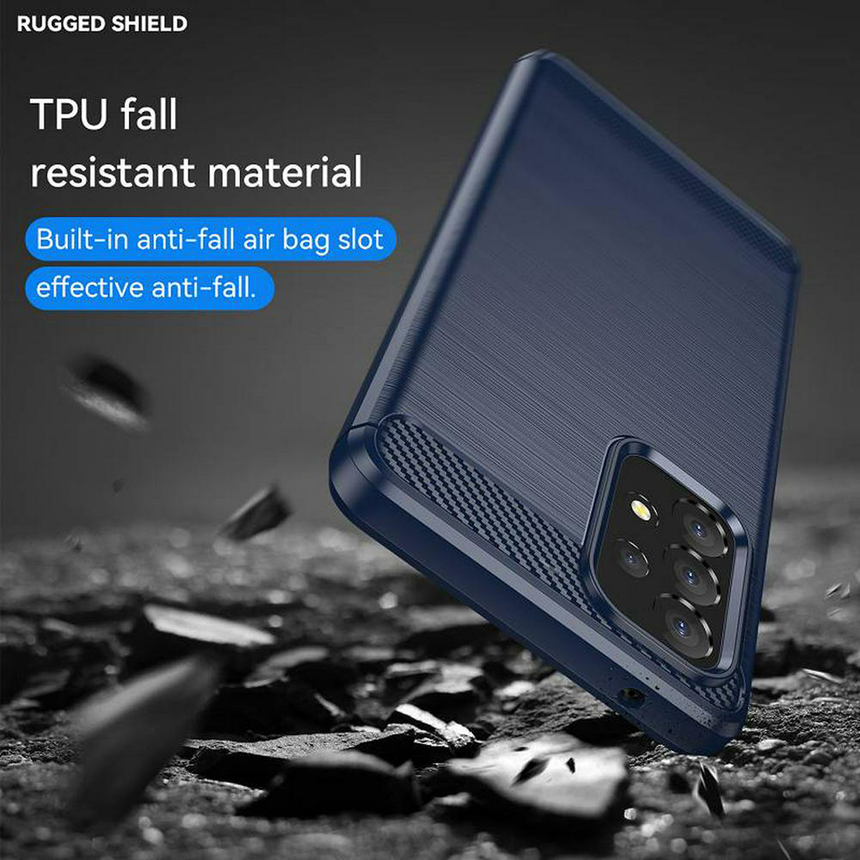 Een marineblauwe telefoonhoes met tekst 'Rugged Shield' en 'TPU valbestendig materiaal'.
