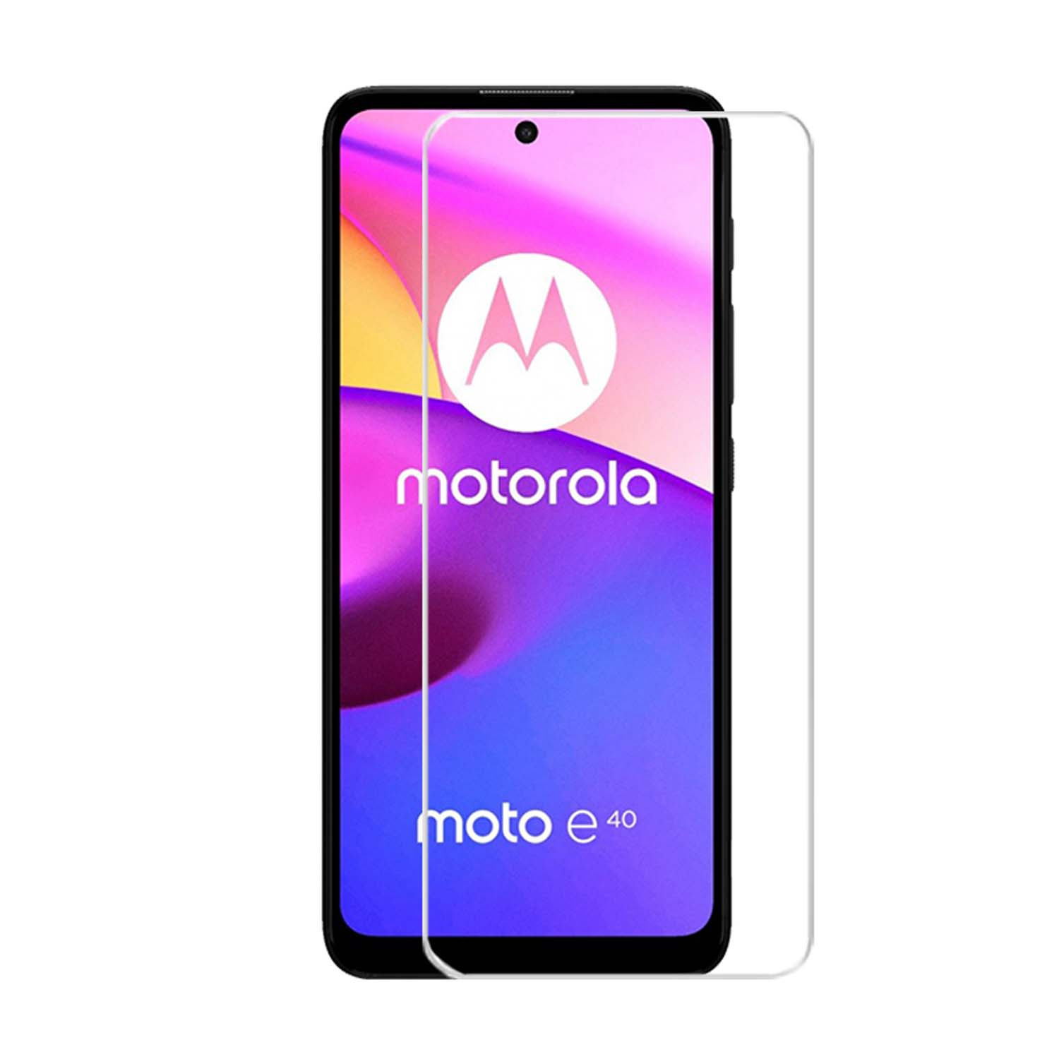 Een telefoon met een schermbeschermer. Het scherm toont het woord motorola en het model.