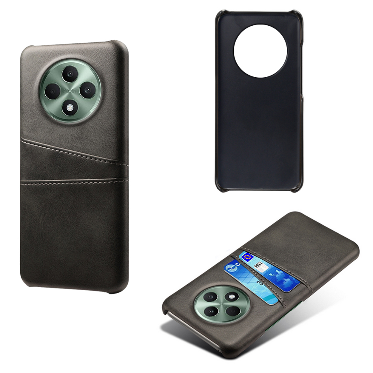 Drie telefoonhoesjes: grijs met camera, zwart met cirkel, grijs met kaartsleuf en kaarten.