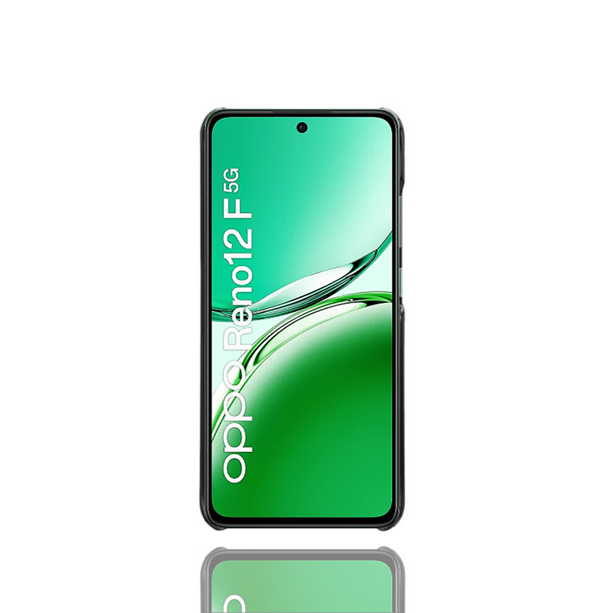 Zwarte telefoon met groene achtergrond. Oppo Reno12 F 5G-tekst op het scherm.