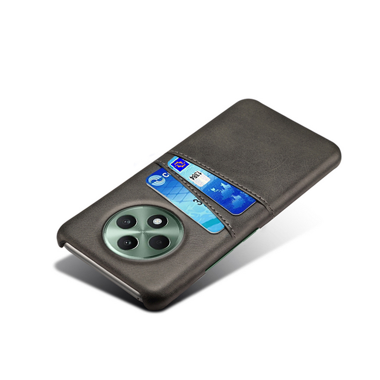Donkergrijze telefoonhoes met een telefoon en kaartsleuf. Het heeft een camera-uitsparing.