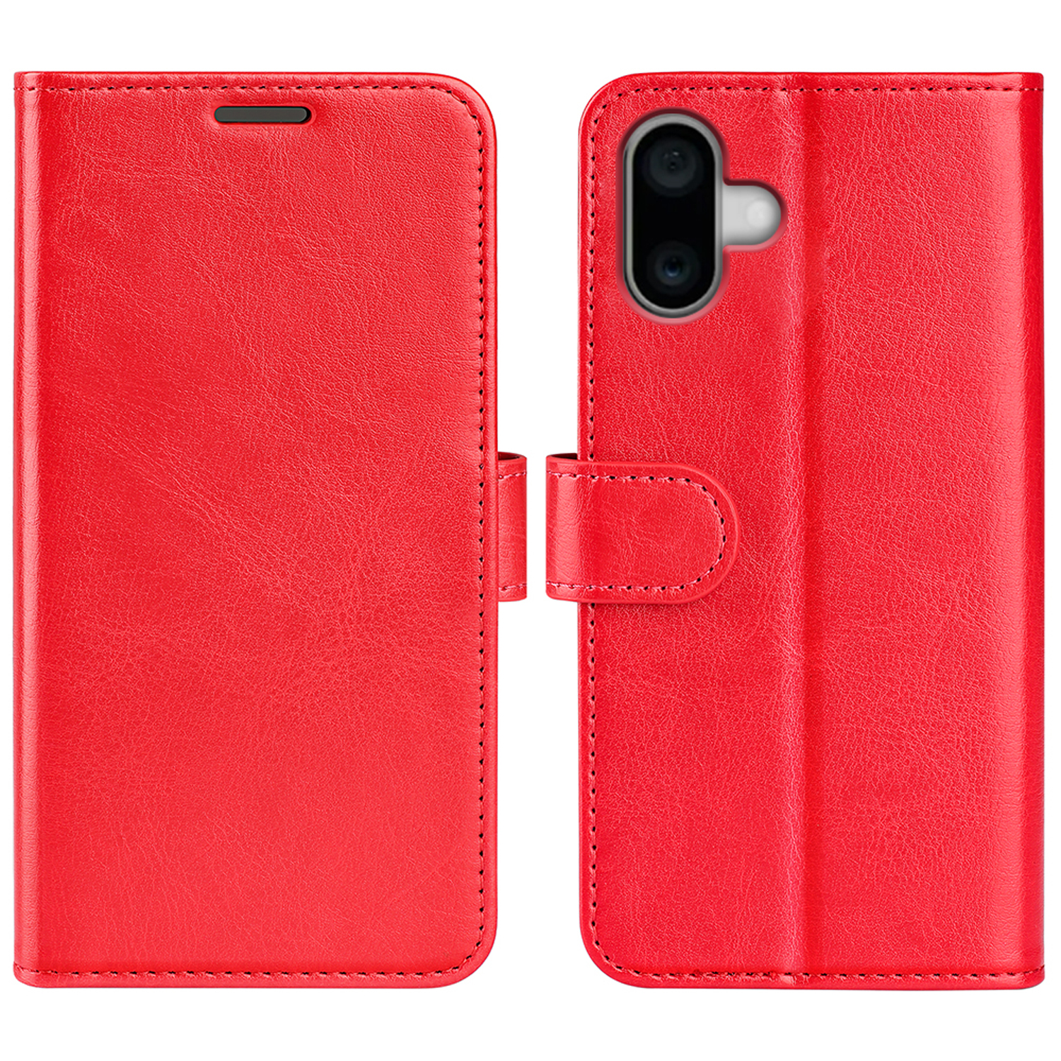 Twee rode telefoonhoesjes in portemonnee-stijl zijn open en dicht.
