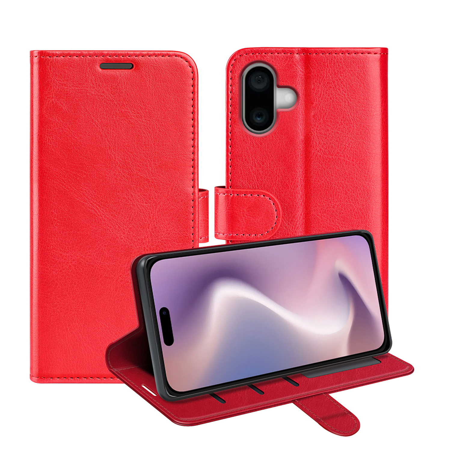Rode telefoonhoes, open en met een telefoon. De telefoon staat op de hoes, opgeklapt.