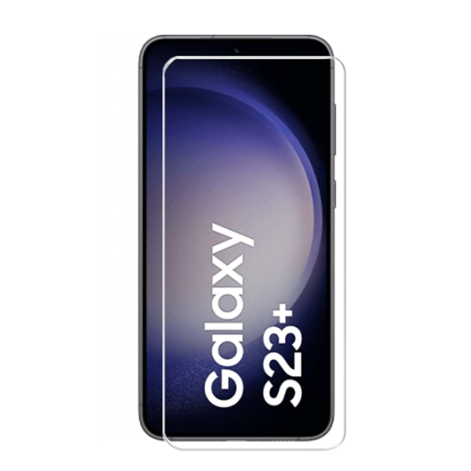 Protecteur d'écran transparent avec le logo Galaxy S23+ sur fond blanc.