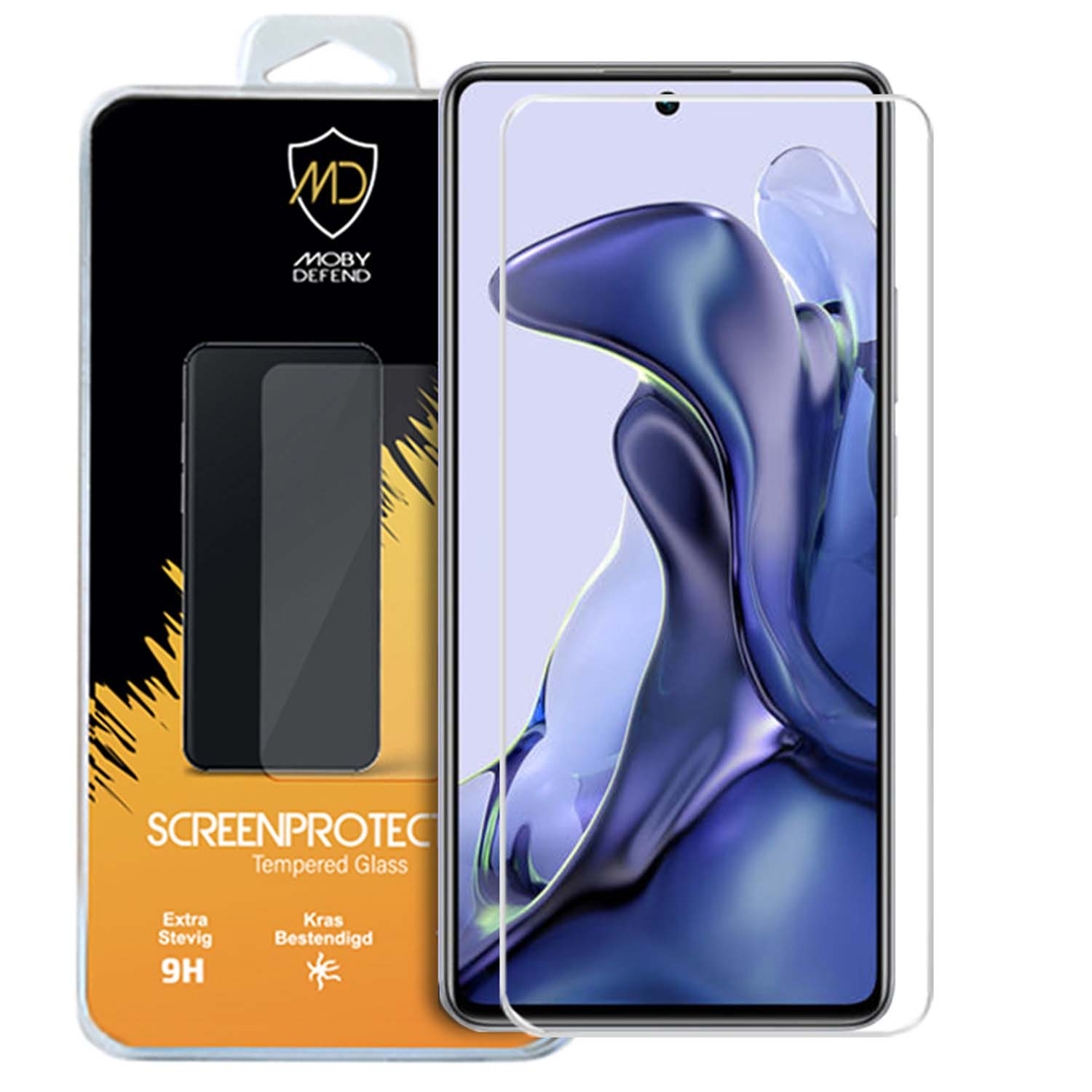 Protecteur d'écran sur l'emballage. L'emballage indique Screen Protect. Le verre et le téléphone sont affichés.