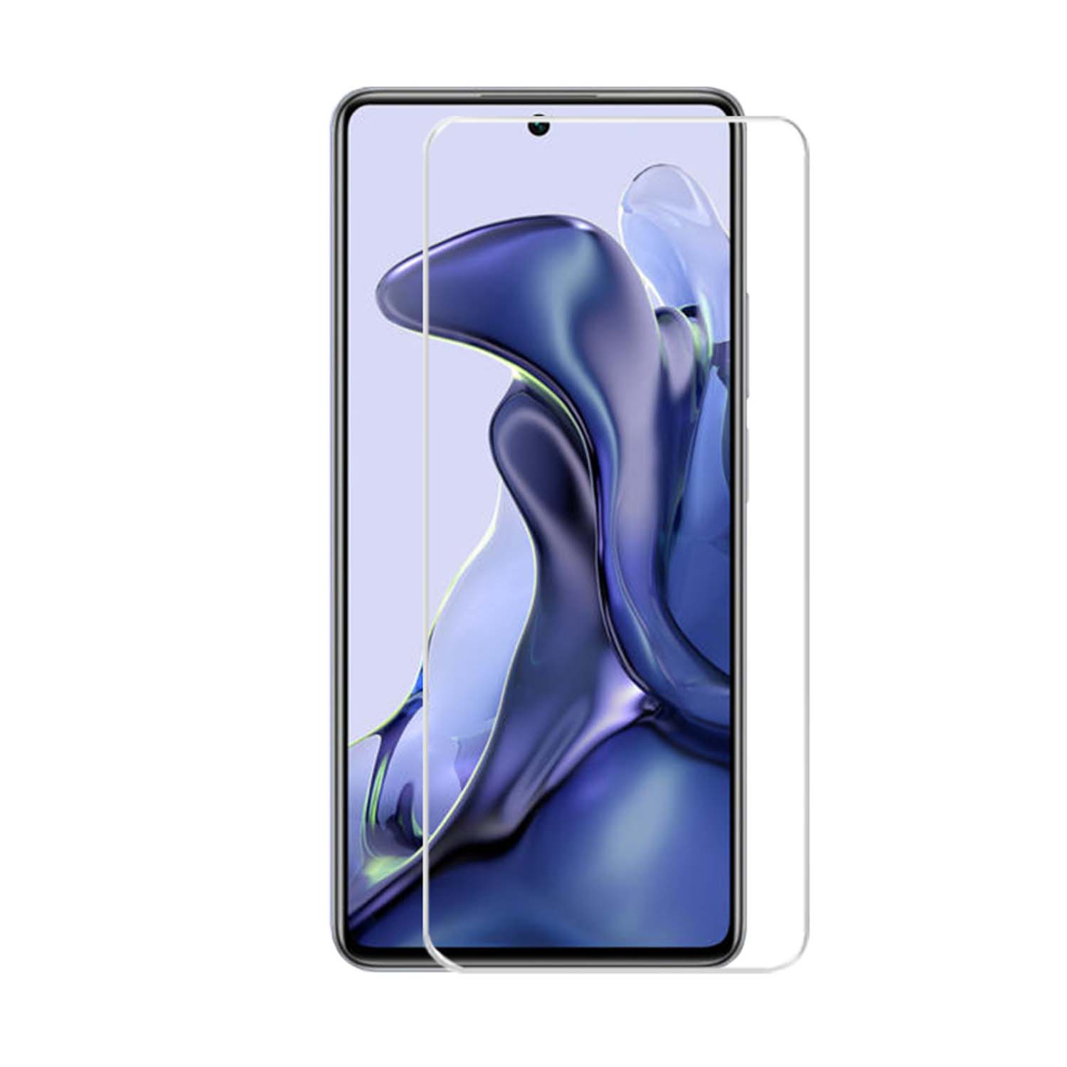 Smartphone avec protecteur d'écran. Fond abstrait bleu et blanc.