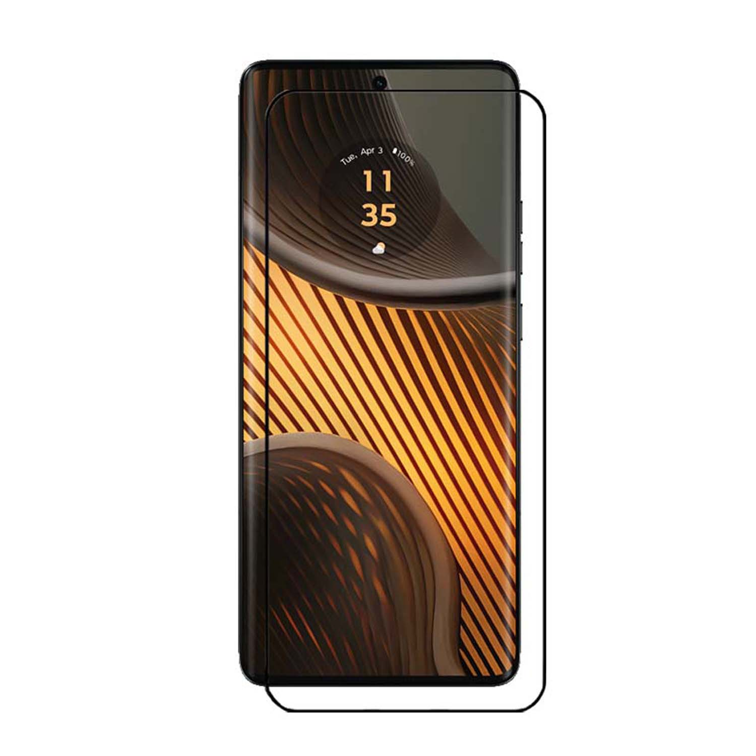 Téléphone avec protecteur d'écran appliqué. L'écran affiche l'heure et un motif jaune.