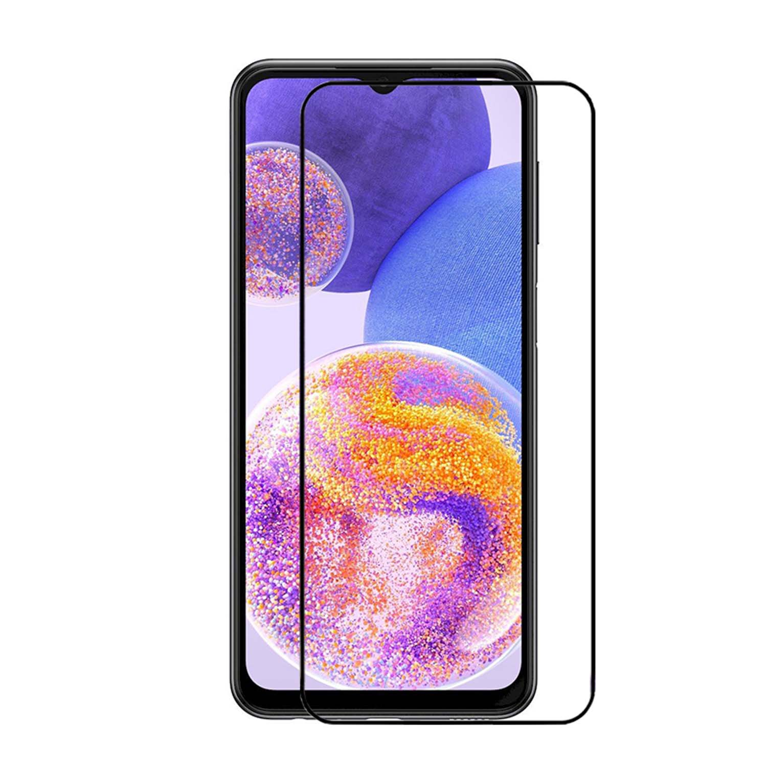 Een smartphone met schermbeschermer. Het scherm toont een kleurrijk abstract ontwerp. De telefoon staat op een witte achtergrond.