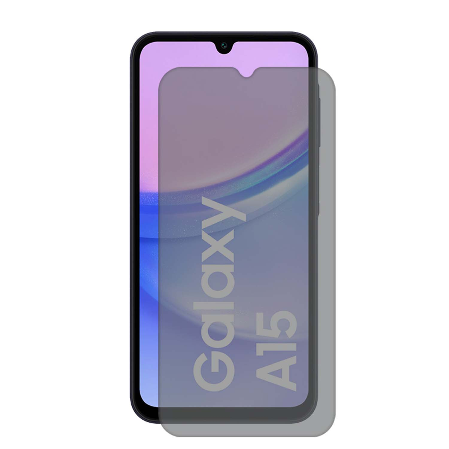 Phone screen protector on a Galaxy A15 phone. The screen displays the name Galaxy A15.