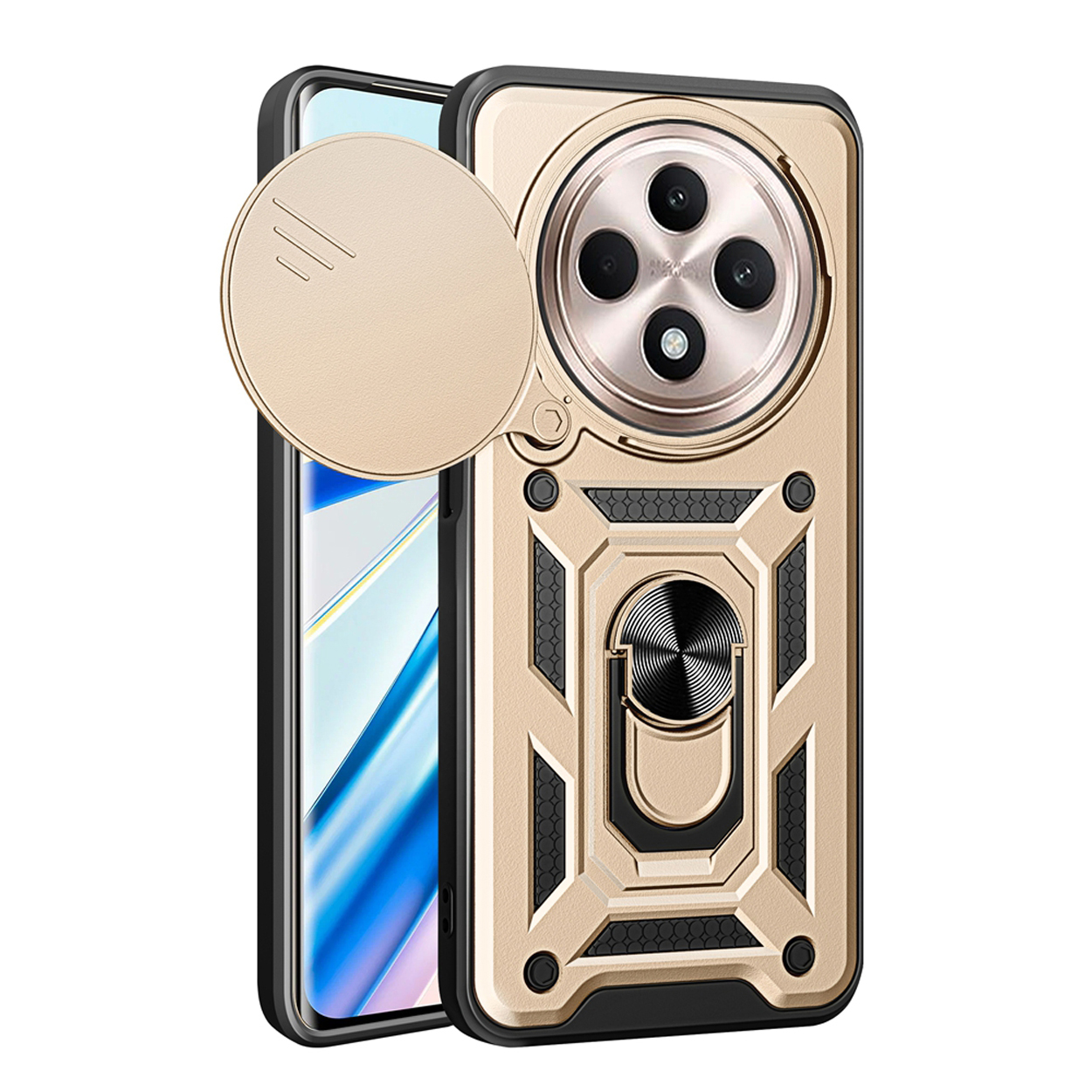 Gouden telefoonhoes met een cameralensafdekking, ringhouder en telefoon. Hoes is zwart en goud.