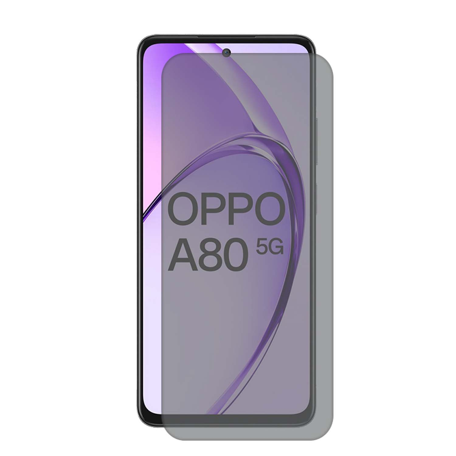 OPPO A80 5G phone with a screen protector applied. The protector is purple.