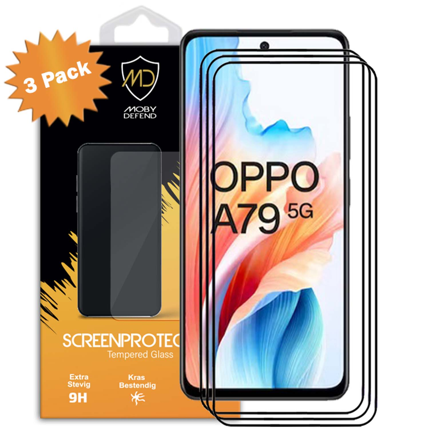 Emballage de protecteurs d'écran pour un téléphone Oppo A79 5G avec trois protecteurs visibles.