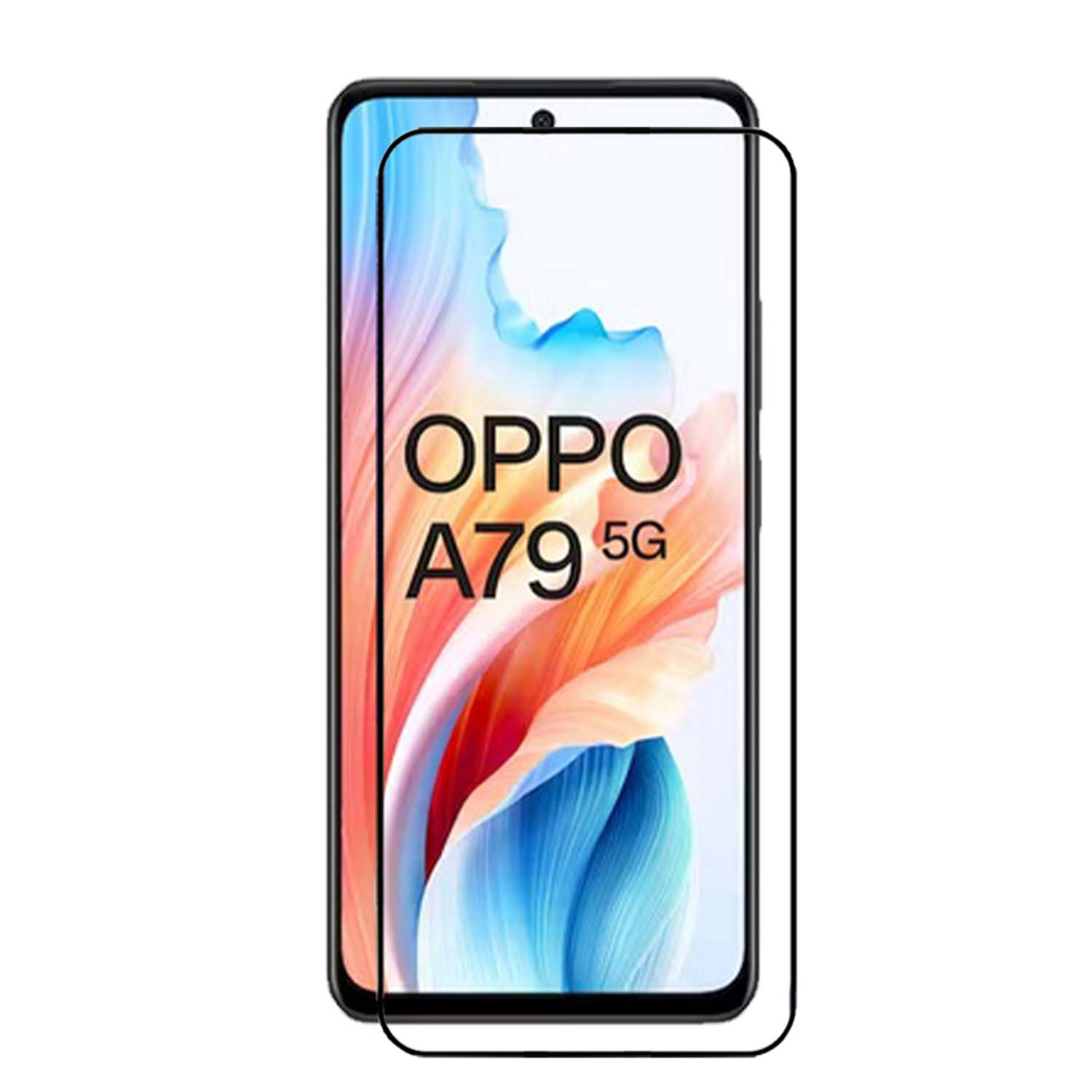Smartphone avec protecteur d'écran. L'écran affiche un design coloré avec le logo et le texte OPPO. Fond blanc.