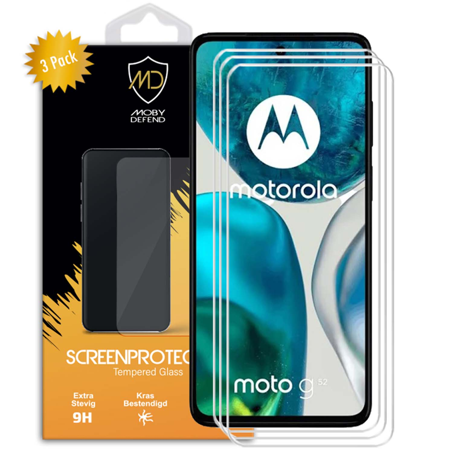 Emballage de protections d'écran pour Motorola Moto G52, avec 3 pièces. L'écran du téléphone est affiché.