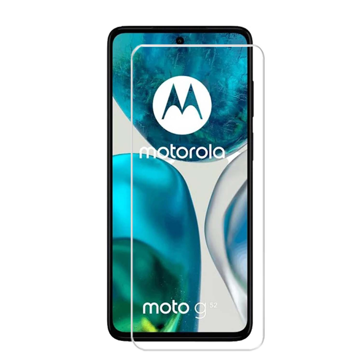 Téléphone Motorola avec protecteur d'écran, montrant le logo et un arrière-plan en vagues.