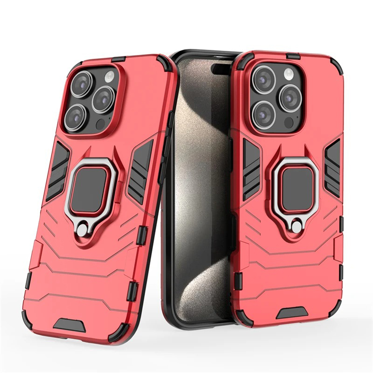 Rode telefoonhoesjes. De hoesjes hebben een ringhouder en meerdere camera-uitsparingen.