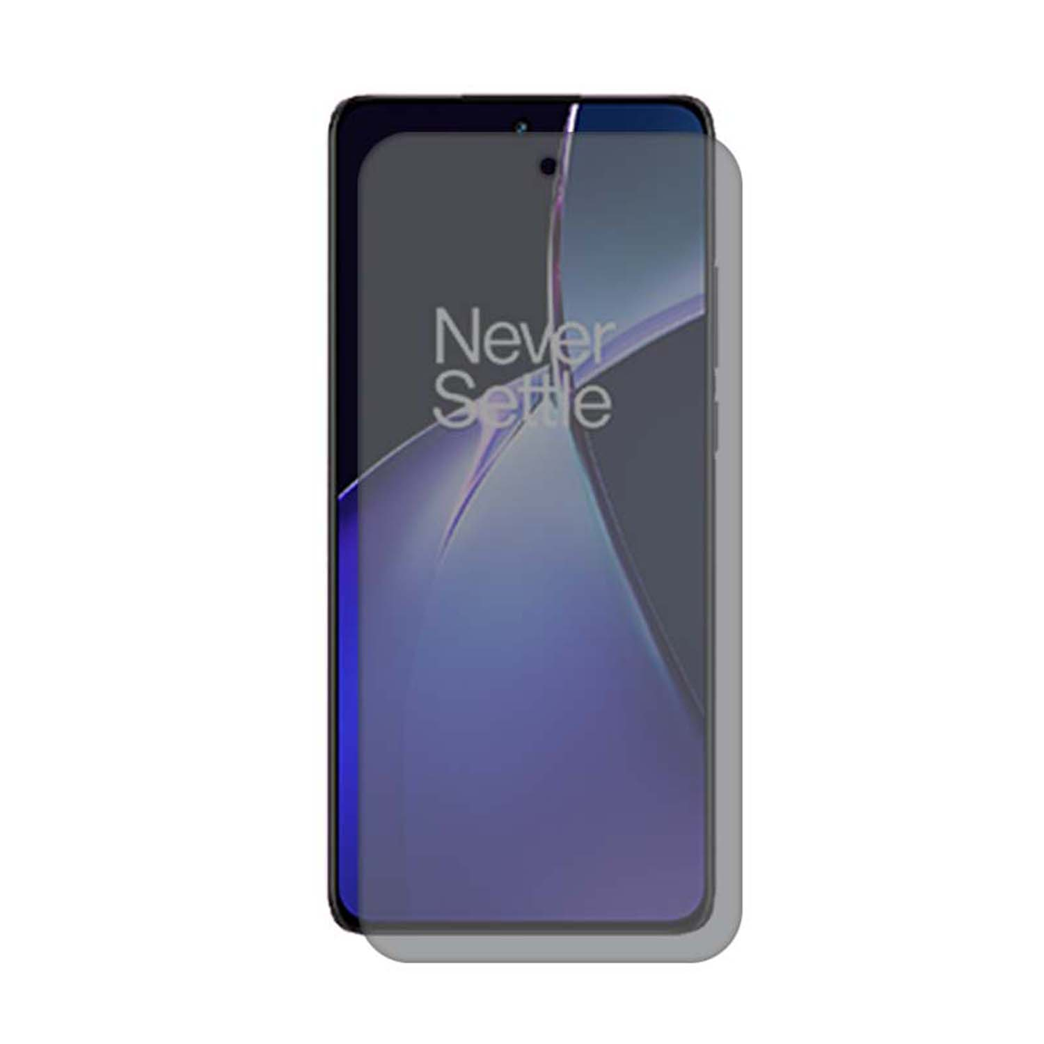 Un smartphone avec un protecteur d'écran. L'écran affiche un design en dégradé avec le texte 'Never Settle'. Fond blanc.