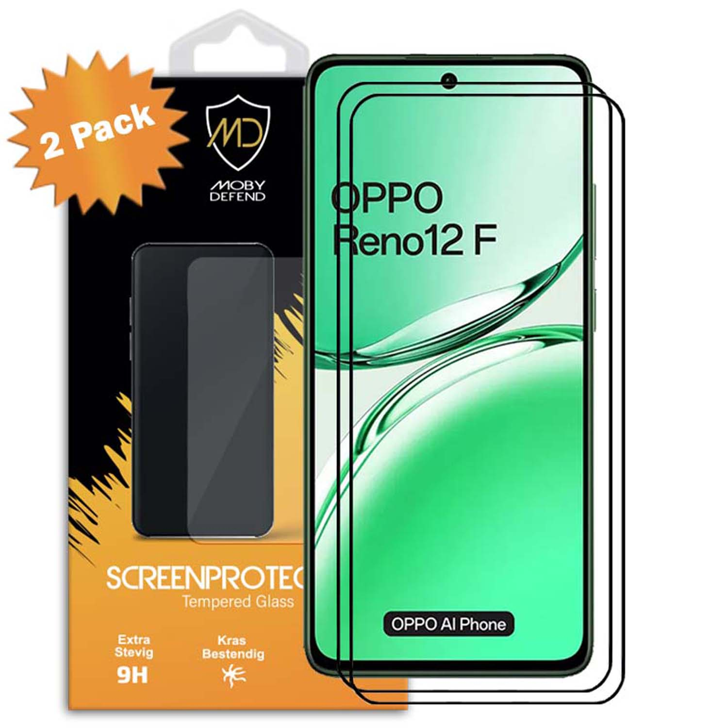 Telefoonschermbeschermers en verpakking. Tekst op de verpakking: Screenprotector, gehard glas.