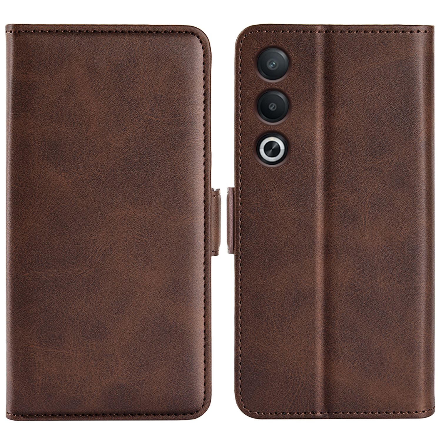Bruine leren telefoonhoes, open en dicht. Zichtbare cameralens en stikseldetails.