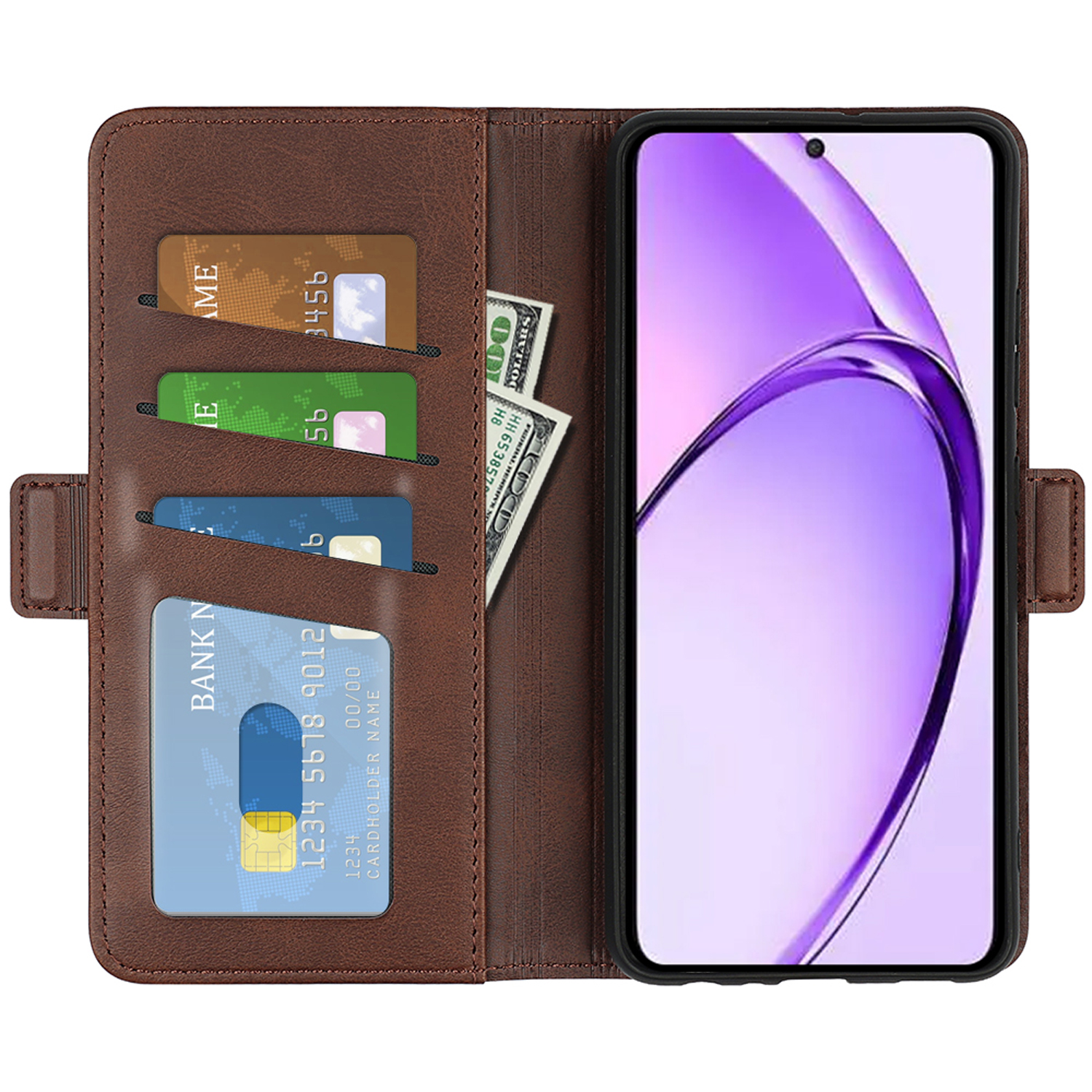 Bruine telefoonhoes open, toont telefoon, kaarten en contant geld. Kaarten zeggen 'ME'.
