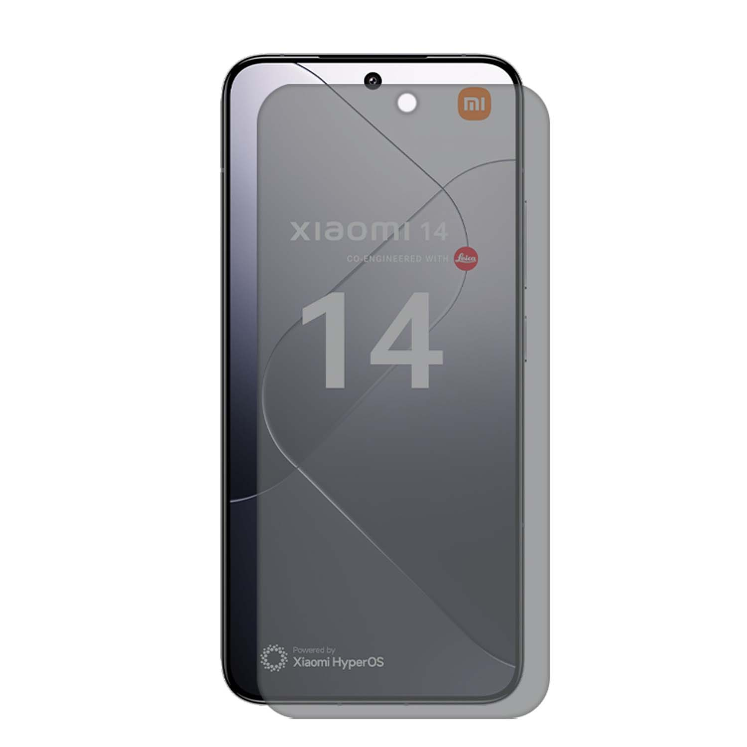 Téléphone Xiaomi 14 avec un protecteur d'écran. L'écran affiche le logo Xiaomi et le chiffre 14.